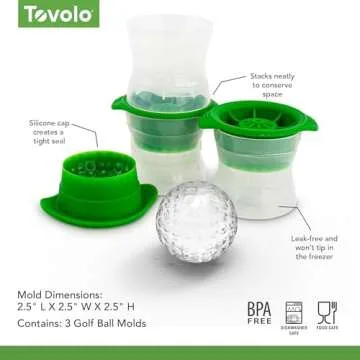 Tovolo Golf Ball Shaped Ice Molds, Assorted Set of 3 - Large Ice Mold Gift Set - Sports Themed Unique Ice Mold Chills Drinks - Odor-Free Freezer Storage, Dishwasher-Safe with Silicone Plunger
