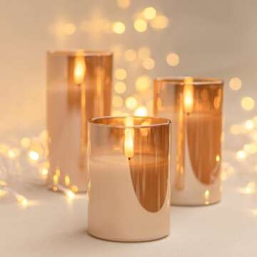 COVEGE Gold Glass Flickering Flameless Candles with Remote - Battery Operated Candles with 2/4/6/8 H Timer LED Pillar Candles for Christmas Home Decor(Set of 3)