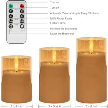 COVEGE Gold Glass Flickering Flameless Candles with Remote - Battery Operated Candles with 2/4/6/8 H Timer LED Pillar Candles for Christmas Home Decor(Set of 3)