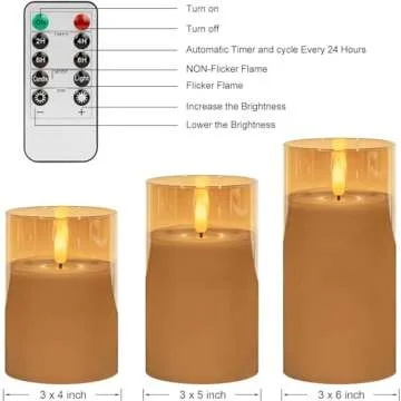 COVEGE Gold Glass Flickering Flameless Candles with Remote - Battery Operated Candles with 2/4/6/8 H Timer LED Pillar Candles for Christmas Home Decor(Set of 3)