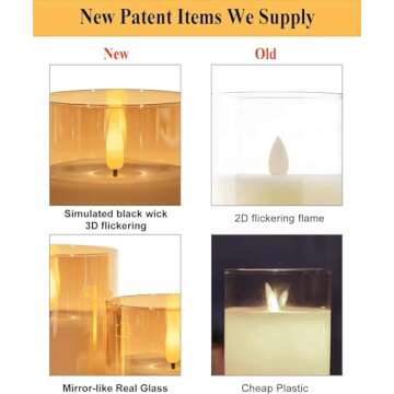 COVEGE Gold Glass Flickering Flameless Candles with Remote - Battery Operated Candles with 2/4/6/8 H Timer LED Pillar Candles for Christmas Home Decor(Set of 3)