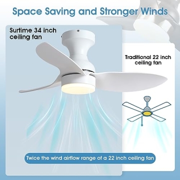 Surtime Modern 34in Ceiling Fan with Remote and App Control