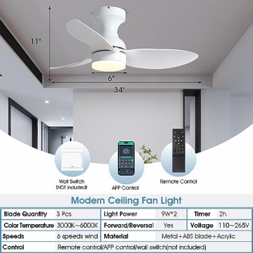 Surtime Modern 34in Ceiling Fan with Remote and App Control