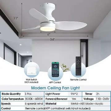 Surtime Modern 34in Ceiling Fan with Remote and App Control