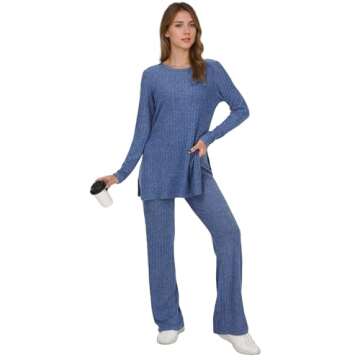 Cnlinkco Womens Ribbed Knit Lounge Set Long Sleeve Top and Long Pants Sleepwear Pajama Set 2 Piece M...
