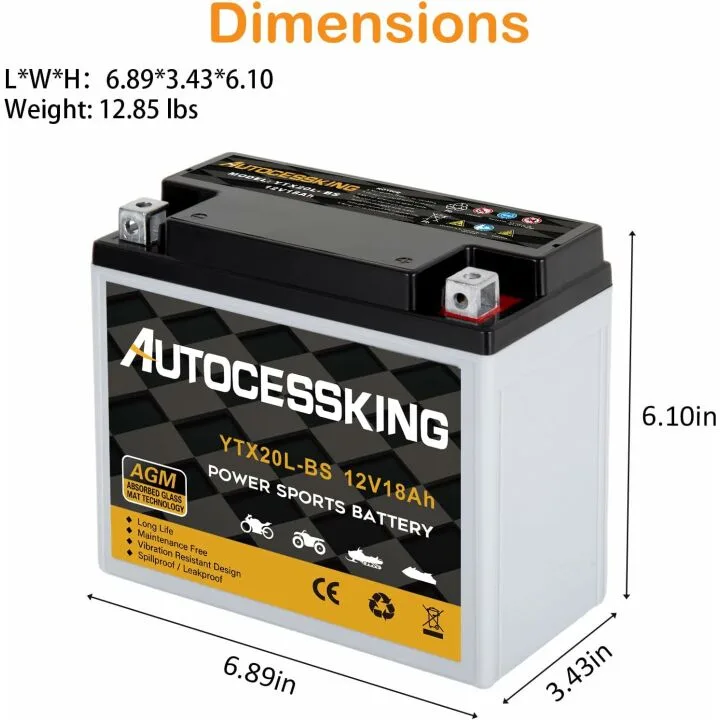 YTX20L-BS 12V 18AH Motorcycle Battery Replacement