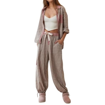 Luckinbaby Women Lounge Y2k Pajamas 2 Piece Set Long Sleeve Button Front Shirt Wide Leg Pants Stripe...