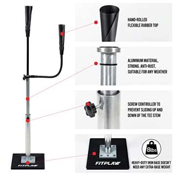 FITPLAY Baseball Batting Tee, 360° Rotate Hitting Tee for Softball Baseball Drills, Adjustable Height 24 to 44 inches, Weighted Metal Base, Hand-Rolled Flexible Rubber Top| Easy Carrying