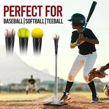 FITPLAY Baseball Batting Tee, 360° Rotate Hitting Tee for Softball Baseball Drills, Adjustable Height 24 to 44 inches, Weighted Metal Base, Hand-Rolled Flexible Rubber Top| Easy Carrying