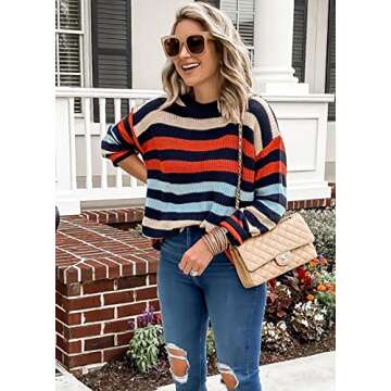 KIRUNDO Women's 2025 Fall Winter Striped Color Block Short Sweater Long Sleeve Crew Neck Casual Loos...