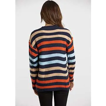 KIRUNDO Women's 2025 Fall Winter Striped Color Block Short Sweater Long Sleeve Crew Neck Casual Loose Knit Pullover Tops(Medium, 2004-Rainbow)