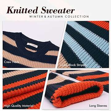 KIRUNDO Women's 2025 Fall Winter Striped Color Block Short Sweater Long Sleeve Crew Neck Casual Loose Knit Pullover Tops(Medium, 2004-Rainbow)