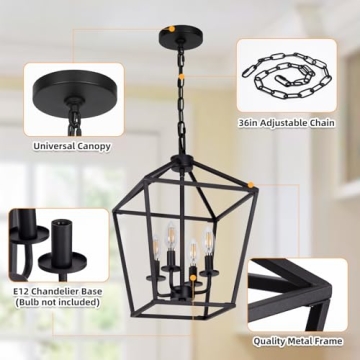 Black 4 Light Chandelier: Adjustable Rustic Lantern