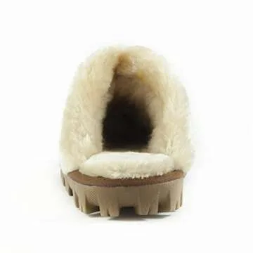 CLPP'LI Womens Slip on Faux Fur Warm Winter Mules Fluffy Suede Comfy Slippers-Tan-10