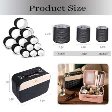 OEIEZ Hair Roller Set,Velcro Rollers for Hair,Heatless Hair Curlers, Salon Hairdressing Curlers, DIY Hair Styles, 3 sizes Jumbo Large Medium 18pcs Hair Volume with Makeup Case & Clips & Comb (Black)