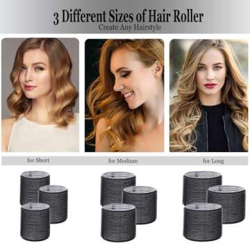 OEIEZ Hair Roller Set,Velcro Rollers for Hair,Heatless Hair Curlers, Salon Hairdressing Curlers, DIY Hair Styles, 3 sizes Jumbo Large Medium 18pcs Hair Volume with Makeup Case & Clips & Comb (Black)