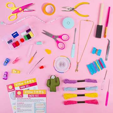 Make It Real GoldieBlox - Craft Essentials Tool Kit STEM Arts and Crafts Kit - 90 Piece Tool Set - Includes Screwdriver Set, Pliers - Signature Wrench Necklace Included