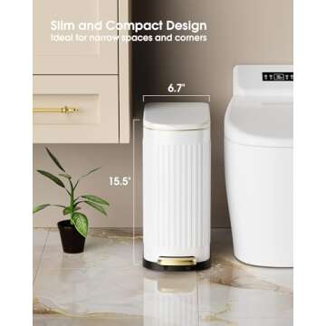 CEROELDA White Bathroom Trash Can with Lid-10L/2.6 Gallon Stainless Steel Step Slim Garbage Can-Rect...