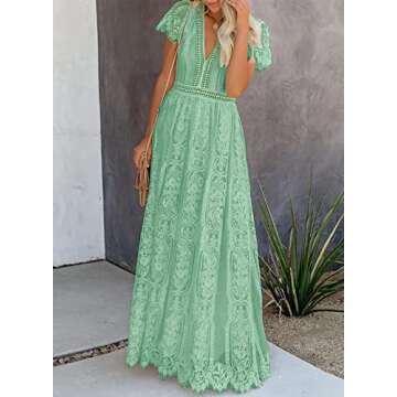 Bdcoco Women's V Neck Floral Lace Wedding Dress Short Sleeve Bridesmaid Evening Party Maxi Dress Green