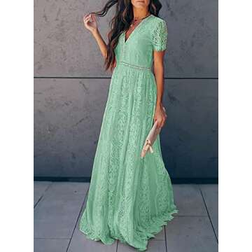 Bdcoco Women's V Neck Floral Lace Wedding Dress Short Sleeve Bridesmaid Evening Party Maxi Dress Green