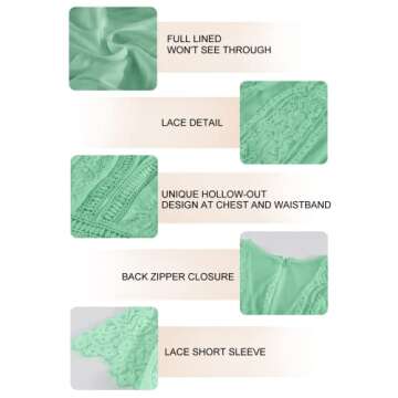 Bdcoco Women's V Neck Floral Lace Wedding Dress Short Sleeve Bridesmaid Evening Party Maxi Dress Green