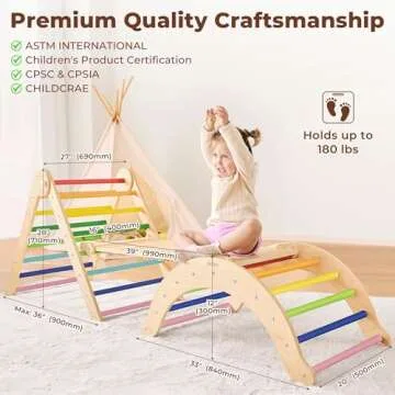 Belleur 7 in 1 Wood Pikler Triangle Set, Foldable Toddler Climbing Toys Indoor, Montessori Climbing Set with Ramp, Arch & Climbing Triangle, Baby Climbing Gym, Indoor Playground for Kids - Rainbow