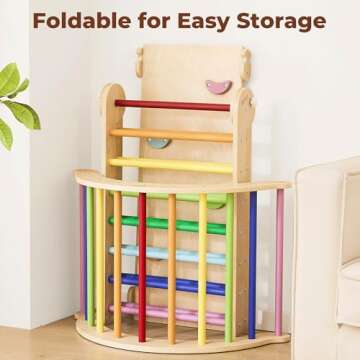 Belleur 7 in 1 Wood Pikler Triangle Set, Foldable Toddler Climbing Toys Indoor, Montessori Climbing Set with Ramp, Arch & Climbing Triangle, Baby Climbing Gym, Indoor Playground for Kids - Rainbow