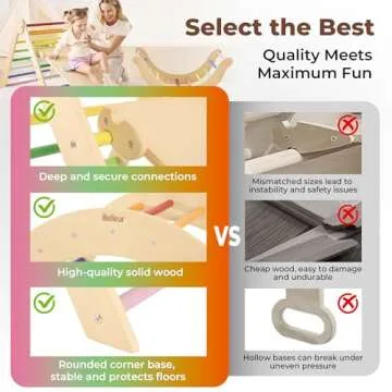 Belleur 7 in 1 Wood Pikler Triangle Set, Foldable Toddler Climbing Toys Indoor, Montessori Climbing Set with Ramp, Arch & Climbing Triangle, Baby Climbing Gym, Indoor Playground for Kids - Rainbow