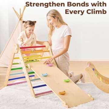 Belleur 7 in 1 Wood Pikler Triangle Set, Foldable Toddler Climbing Toys Indoor, Montessori Climbing Set with Ramp, Arch & Climbing Triangle, Baby Climbing Gym, Indoor Playground for Kids - Rainbow