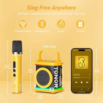 TONOR Mini Karaoke Machine with 2 Wireless Microphones, Portable Bluetooth Speaker for Kids Adults with Microfono Mics and Colorful LED Lights, Children Girls Boys Birthday Gift Home Party Yellow