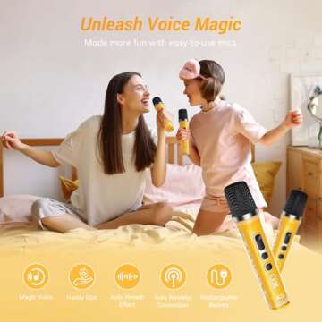 TONOR Mini Karaoke Machine with 2 Wireless Microphones, Portable Bluetooth Speaker for Kids Adults with Microfono Mics and Colorful LED Lights, Children Girls Boys Birthday Gift Home Party Yellow