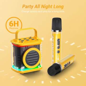 TONOR Mini Karaoke Machine with 2 Wireless Microphones, Portable Bluetooth Speaker for Kids Adults with Microfono Mics and Colorful LED Lights, Children Girls Boys Birthday Gift Home Party Yellow