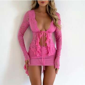 Women Y2K Ruffle 2 Piece Skirt Set See Through Lace Crop Top Bodycon Mini Skirt Outfits Summer Going Out Streetwear(B7-Pink,S)