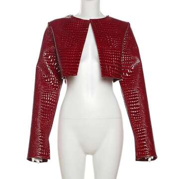 VOIKERDR Red Leather Cropped Motorcycle Jacket for Women