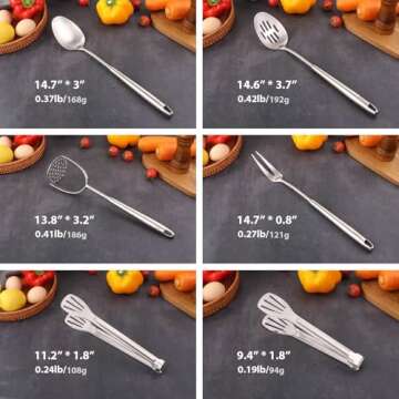 304 Stainless Steel Kitchen Utensils Set - 12 PCS Cooking Utensils & Serving Tools (Potato Masher, T...