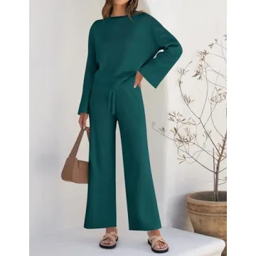 ZESICA Women's 2 Piece Outfits Set Casual Long Sleeve Knit Pullover Top and Wide Leg Pants Sweatsuit Lounge Sets,Teal,Small