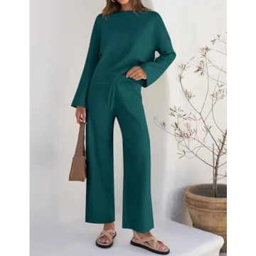 ZESICA Women's 2 Piece Outfits Set Casual Long Sleeve Knit Pullover Top and Wide Leg Pants Sweatsuit Lounge Sets,Teal,Small