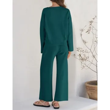 ZESICA Women's 2 Piece Outfits Set Casual Long Sleeve Knit Pullover Top and Wide Leg Pants Sweatsuit Lounge Sets,Teal,Small