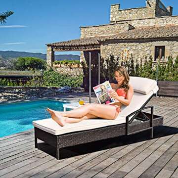 Tangkula Patio Chaise Lounge, Outdoor Reclining Wicker Rattan Chaise, Beach Pool Yard Porch Adjustable Backrest Lounger Chair