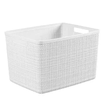 Curver Set of 4 Jute Large Decorative Plastic Organization and Storage Baskets Perfect Bins for Home Office, Closet Shelves, Kitchen Pantry and All Bedroom Essentials, White, 4