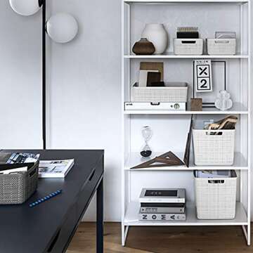 Curver Set of 4 Jute Large Decorative Plastic Organization and Storage Baskets Perfect Bins for Home Office, Closet Shelves, Kitchen Pantry and All Bedroom Essentials, White, 4