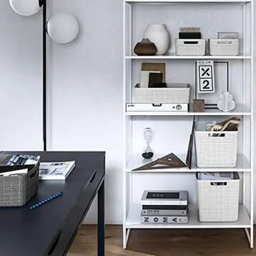 Curver Set of 4 Jute Large Decorative Plastic Organization and Storage Baskets Perfect Bins for Home Office, Closet Shelves, Kitchen Pantry and All Bedroom Essentials, White, 4