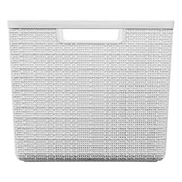 Curver Set of 4 Jute Large Decorative Plastic Organization and Storage Baskets Perfect Bins for Home Office, Closet Shelves, Kitchen Pantry and All Bedroom Essentials, White, 4