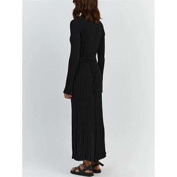Fernvia Bodycon Knit Dress for Women Long Sleeve Crew Neck Ribbed Solid Fall Long Maxi Going Out Dress (A-Black, S)