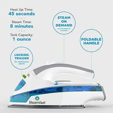 Steamfast SF-710 Mini Steam Iron, Non-Stick Sole Plate, Foldable Handle, 45 Second Heat Up Time, Cord Storage, White