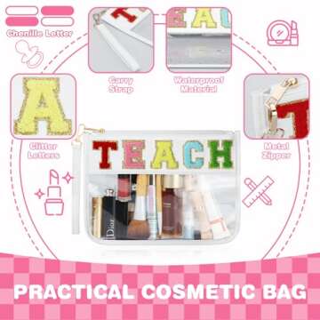 Teacher Appreciation Gifts, Clear Chenille Varsity Letter Flat Teach Pouch with Zipper, Waterproof PVC&PU Preppy Patch Travel Makeup Cosmetic tote Bags Graduation Retirement Teacher Gifts for Women