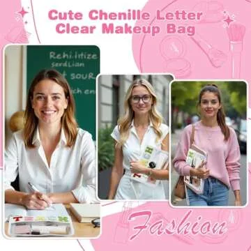 Teacher Appreciation Gifts, Clear Chenille Varsity Letter Flat Teach Pouch with Zipper, Waterproof PVC&PU Preppy Patch Travel Makeup Cosmetic tote Bags Graduation Retirement Teacher Gifts for Women