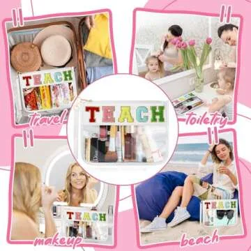 Teacher Appreciation Gifts, Clear Chenille Varsity Letter Flat Teach Pouch with Zipper, Waterproof PVC&PU Preppy Patch Travel Makeup Cosmetic tote Bags Graduation Retirement Teacher Gifts for Women