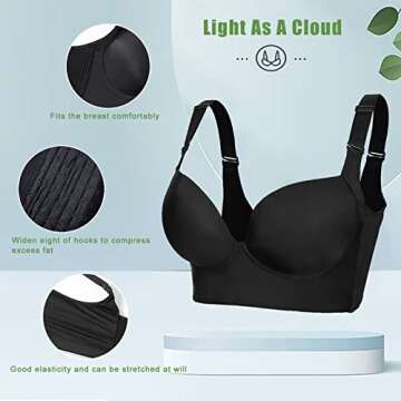 Runilut Women's Push Up Bra,Full-Coverage Underwire Bra,Hide Back Fat Deep Cup Bra,Smoothing T-Shirt Bra,Sculpting Uplift Bra Black 36DD