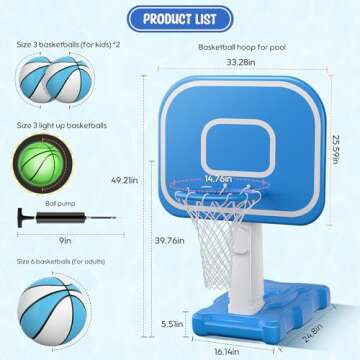 Pool Basketball Hoop - 33" x 26" x 50" Adjustable Fun with 4 Balls & Pump
